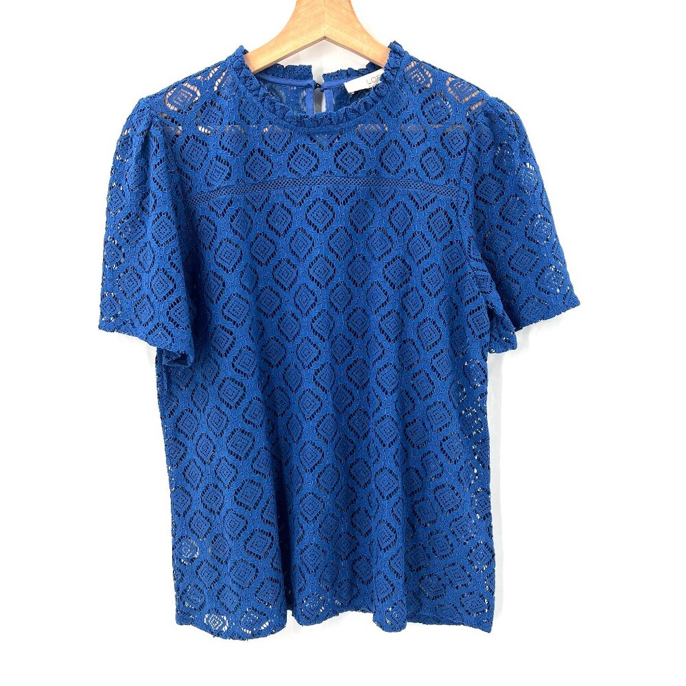 LOFT high neck full lace blouse royal blue top classic geometric cotton nylon S